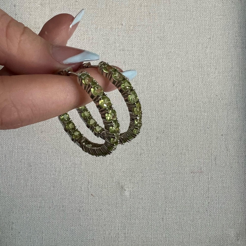 Green Peridot Rhodium Over Sterling Silver Hoop Earrings 8.84ctw